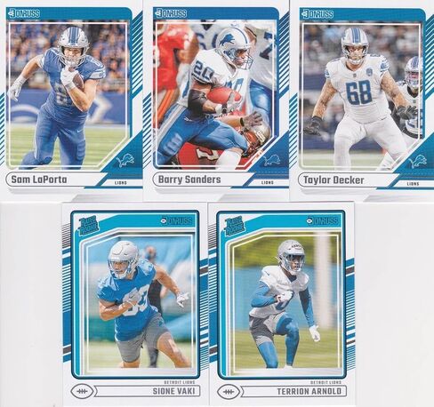 مجموعة فريق Detroit Lions 2024 Donruss Factory المختومة التي تضم Jahmyr Gibbs وJard Goff وSam LaPorta وBarry Sanders مع بطاقة Rookie Card Plus من Terrion Arnold in Saudi Arabia