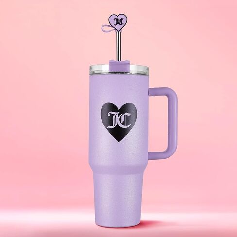 كوب Juicy Couture Jetsetter سعة 40 أونصة بمقبض وغطاء من القش، فضي لامع in Saudi Arabia