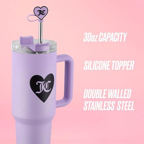 كوب Juicy Couture Jetsetter سعة 40 أونصة بمقبض وغطاء من القش، فضي لامع in Saudi Arabia