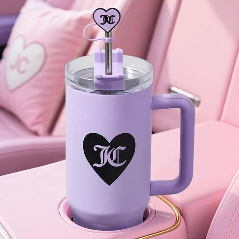 كوب Juicy Couture Jetsetter سعة 40 أونصة بمقبض وغطاء من القش، فضي لامع in Saudi Arabia