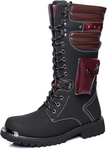 Men's Leather High Top Lace Up Motorcycle Boots Mid-Calf Military Tactical Combat Boot Buckle British Metal Biker Riding Punk Rock Backpacking Shoes in Saudi Arabia