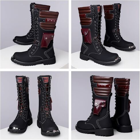 Men's Leather High Top Lace Up Motorcycle Boots Mid-Calf Military Tactical Combat Boot Buckle British Metal Biker Riding Punk Rock Backpacking Shoes in Saudi Arabia
