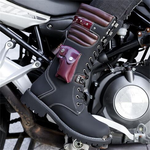 Men's Leather High Top Lace Up Motorcycle Boots Mid-Calf Military Tactical Combat Boot Buckle British Metal Biker Riding Punk Rock Backpacking Shoes in Saudi Arabia