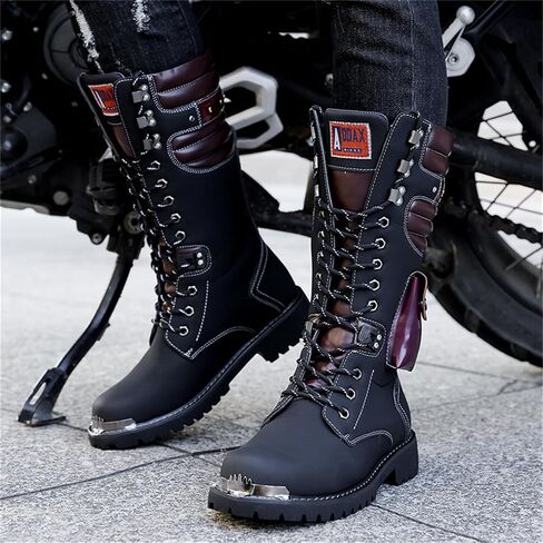 Men's Leather High Top Lace Up Motorcycle Boots Mid-Calf Military Tactical Combat Boot Buckle British Metal Biker Riding Punk Rock Backpacking Shoes in Saudi Arabia