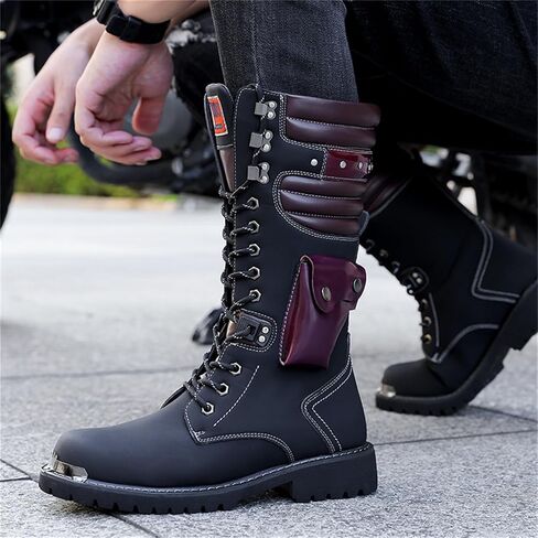 Men's Leather High Top Lace Up Motorcycle Boots Mid-Calf Military Tactical Combat Boot Buckle British Metal Biker Riding Punk Rock Backpacking Shoes in Saudi Arabia