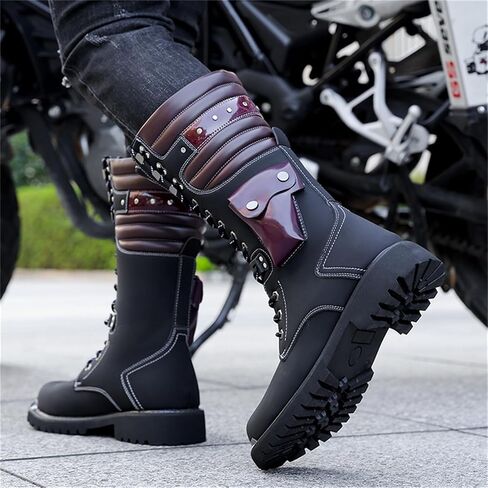Men's Leather High Top Lace Up Motorcycle Boots Mid-Calf Military Tactical Combat Boot Buckle British Metal Biker Riding Punk Rock Backpacking Shoes in Saudi Arabia