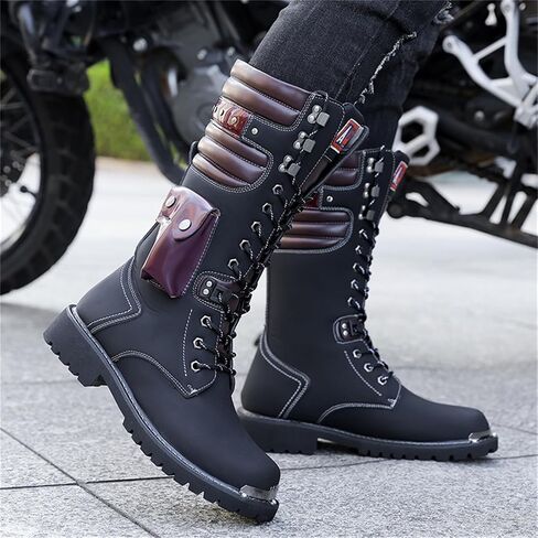 Men's Leather High Top Lace Up Motorcycle Boots Mid-Calf Military Tactical Combat Boot Buckle British Metal Biker Riding Punk Rock Backpacking Shoes in Saudi Arabia