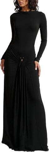 Vakkest Women's Bodycon Formal Maxi Dresses Long Sleeve Crewneck Elegant Wrap Tie Front Dress Wedding Guest Outfits in Kuwait