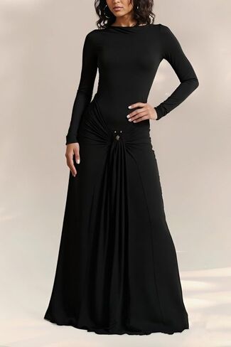 Vakkest Women's Bodycon Formal Maxi Dresses Long Sleeve Crewneck Elegant Wrap Tie Front Dress Wedding Guest Outfits in Kuwait