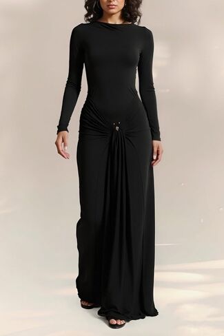 Vakkest Women's Bodycon Formal Maxi Dresses Long Sleeve Crewneck Elegant Wrap Tie Front Dress Wedding Guest Outfits in Kuwait