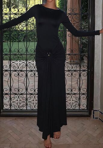 Vakkest Women's Bodycon Formal Maxi Dresses Long Sleeve Crewneck Elegant Wrap Tie Front Dress Wedding Guest Outfits in Kuwait