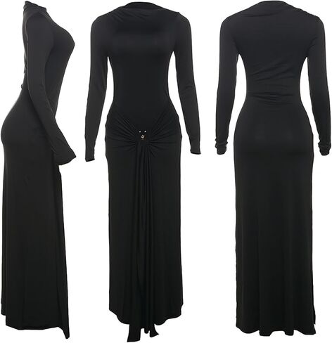 Vakkest Women's Bodycon Formal Maxi Dresses Long Sleeve Crewneck Elegant Wrap Tie Front Dress Wedding Guest Outfits in Kuwait
