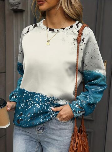 Casual Fall Tie Dye Cow Color Block Pullover Sweatshirt in Saudi Arabia