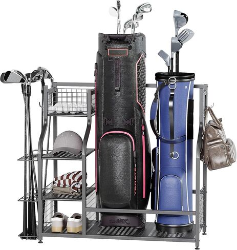 KUAFU Golf Bag Storage Garage Organizer, Extra Large Golf Bag Stand Fit for 2 Golf Bags, Golf Balls and Other Golfing Equipment Rack, Steel Golf Bag Club Storage Rack for Garage, Shed and Basement in Saudi Arabia