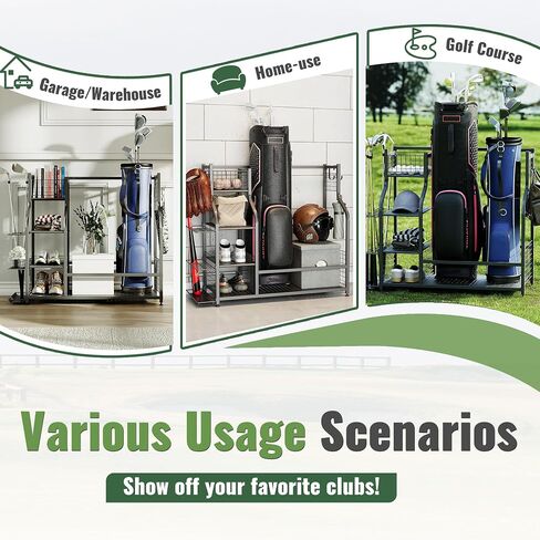 KUAFU Golf Bag Storage Garage Organizer, Extra Large Golf Bag Stand Fit for 2 Golf Bags, Golf Balls and Other Golfing Equipment Rack, Steel Golf Bag Club Storage Rack for Garage, Shed and Basement in Saudi Arabia