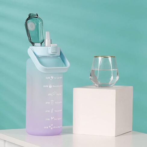 Large Motivational Water Bottle with Straw Time Marker BPA Free for Sport and Fitness (64 Oz/Half Gallon) (pink-blue) in Saudi Arabia