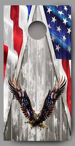 Bald Eagle American Flag Wings on Wood Grain Cornhole Decal Wraps in Saudi Arabia