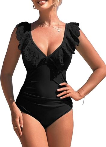 Womens Retro Ruffle One Piece Swimsuit V Neck Sexy Bathing Cutout Swimwear in Saudi Arabia