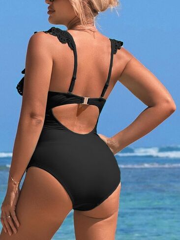 Womens Retro Ruffle One Piece Swimsuit V Neck Sexy Bathing Cutout Swimwear in Saudi Arabia