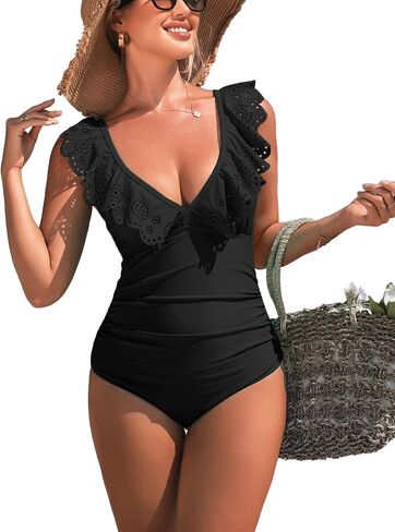 Womens Retro Ruffle One Piece Swimsuit V Neck Sexy Bathing Cutout Swimwear in Saudi Arabia