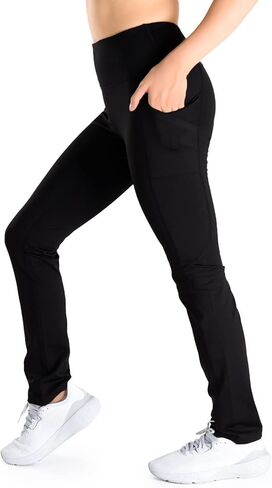 بنطال Yogipace طويل للنساء مبطن بالصوف الحراري، بنطال رياضي شتوي لليوجا مستقيم الساق مع جيوب جانبية، 35 بوصة، أسود، مقاس M in Kuwait