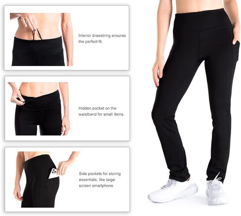 بنطال Yogipace طويل للنساء مبطن بالصوف الحراري، بنطال رياضي شتوي لليوجا مستقيم الساق مع جيوب جانبية، 35 بوصة، أسود، مقاس M in Kuwait