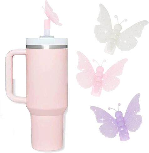 Pink Butterfly Straw Cover Topper for Stanley Cup,Silicone Glitter Straw Toppers for Tumbler with Handle 30/40oz,Cute 10mm/0.4in Straws Covers Cap,Straws Lids for Stanley Cup Accessories,3Pcs in Saudi Arabia