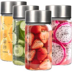 4 Pcs 12oz Glass Juice Bottles with Lids, Wide Mouth Glass Water Bottles with Measurement Markings Reusable Borosilicate Bottle for Juicing Smoothies Beverages, Leakproof Stainless Steel Caps in Saudi Arabia