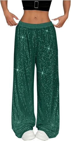Sequin Pants for Women 2025 Lounge Elastic High Waisted Bling Glitter Dance Pants Solid Wide Leg Party Trousers in Kuwait