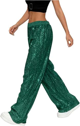 Sequin Pants for Women 2025 Lounge Elastic High Waisted Bling Glitter Dance Pants Solid Wide Leg Party Trousers in Kuwait