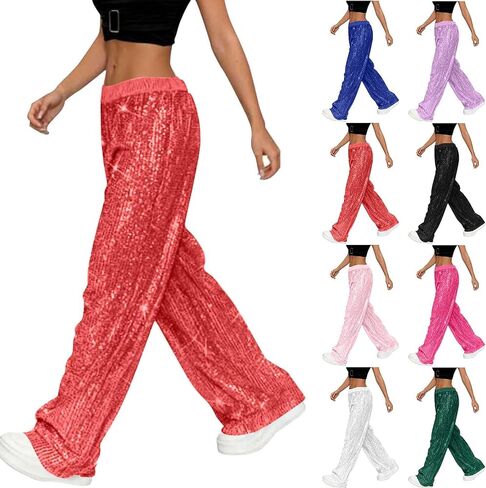 Sequin Pants for Women 2025 Lounge Elastic High Waisted Bling Glitter Dance Pants Solid Wide Leg Party Trousers in Kuwait