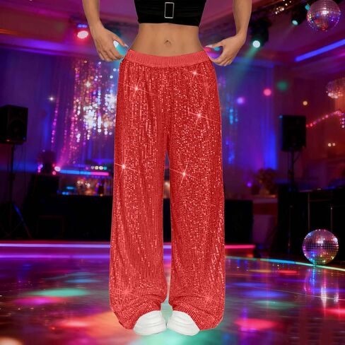 Sequin Pants for Women 2025 Lounge Elastic High Waisted Bling Glitter Dance Pants Solid Wide Leg Party Trousers in Kuwait