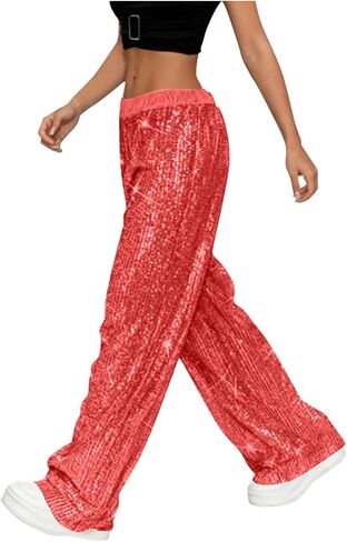Sequin Pants for Women 2025 Lounge Elastic High Waisted Bling Glitter Dance Pants Solid Wide Leg Party Trousers in Kuwait