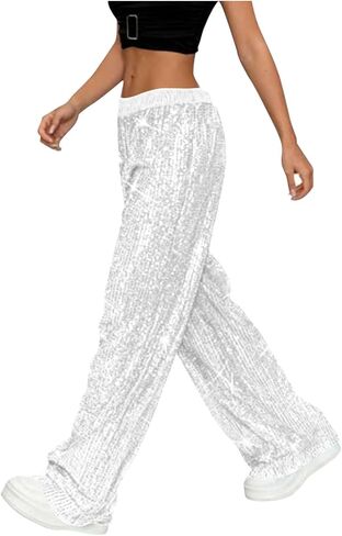 Sequin Pants for Women 2025 Lounge Elastic High Waisted Bling Glitter Dance Pants Solid Wide Leg Party Trousers in Saudi Arabia