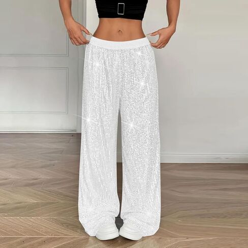 Sequin Pants for Women 2025 Lounge Elastic High Waisted Bling Glitter Dance Pants Solid Wide Leg Party Trousers in Saudi Arabia