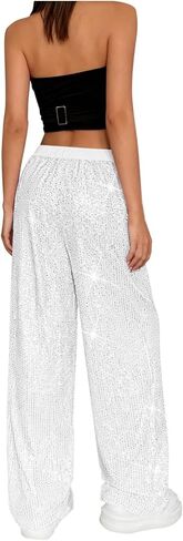 Sequin Pants for Women 2025 Lounge Elastic High Waisted Bling Glitter Dance Pants Solid Wide Leg Party Trousers in Saudi Arabia