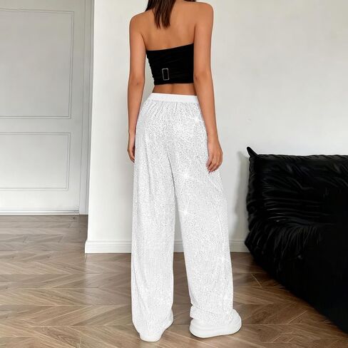 Sequin Pants for Women 2025 Lounge Elastic High Waisted Bling Glitter Dance Pants Solid Wide Leg Party Trousers in Saudi Arabia