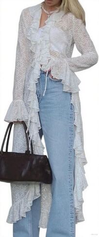 Women Lace Mesh Flowy Maxi Top Tie Front Kimono Cardigan Sheer Long Sleeve Ruffled Duster Layering Shirt Cover Up in Saudi Arabia