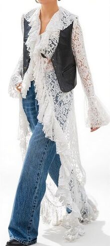 Women Lace Mesh Flowy Maxi Top Tie Front Kimono Cardigan Sheer Long Sleeve Ruffled Duster Layering Shirt Cover Up in Saudi Arabia