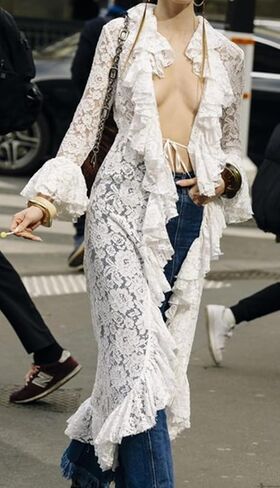Women Lace Mesh Flowy Maxi Top Tie Front Kimono Cardigan Sheer Long Sleeve Ruffled Duster Layering Shirt Cover Up in Saudi Arabia