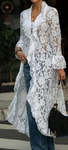 Women Lace Mesh Flowy Maxi Top Tie Front Kimono Cardigan Sheer Long Sleeve Ruffled Duster Layering Shirt Cover Up in Saudi Arabia
