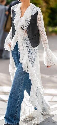 Women Lace Mesh Flowy Maxi Top Tie Front Kimono Cardigan Sheer Long Sleeve Ruffled Duster Layering Shirt Cover Up in Saudi Arabia
