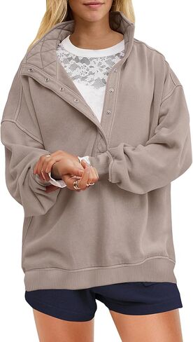 Gacaky Womens Oversized Sweatshirts Casual Button Henley Neck Long Sleeve Pullover Fleece Loose Fit Fall Tops Fashion Outfits in Kuwait