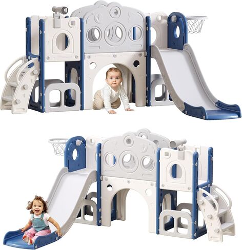 8 in 1 Toddler Slide, Outdoor Indoor Playset for Kids Baby Age 1 2 3, Childs Climber Slide with Storage Space and Non-Slip Steps, Basketball Hoopa and Telescope, Blue & White in Saudi Arabia