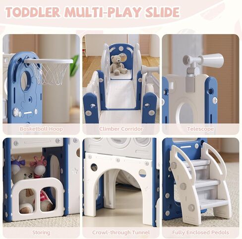 8 in 1 Toddler Slide, Outdoor Indoor Playset for Kids Baby Age 1 2 3, Childs Climber Slide with Storage Space and Non-Slip Steps, Basketball Hoopa and Telescope, Blue & White in Saudi Arabia