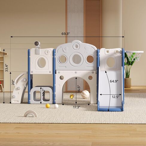 8 in 1 Toddler Slide, Outdoor Indoor Playset for Kids Baby Age 1 2 3, Childs Climber Slide with Storage Space and Non-Slip Steps, Basketball Hoopa and Telescope, Blue & White in Saudi Arabia