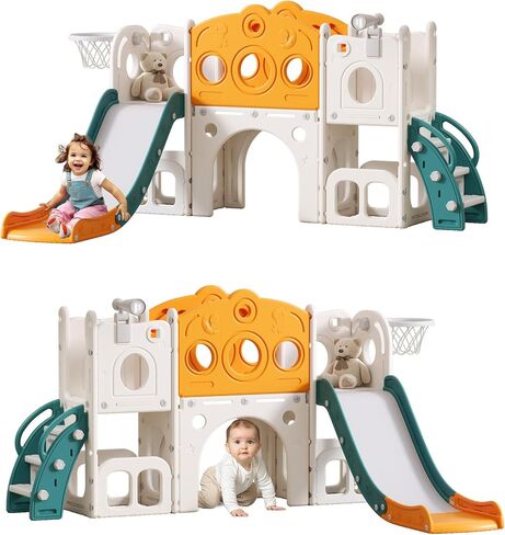 8 in 1 Toddler Slide, Outdoor Indoor Playset for Kids Baby Age 1 2 3, Childs Climber Slide with Storage Space and Non-Slip Steps, Basketball Hoopa and Telescope, Blue & White in Saudi Arabia