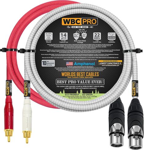 زوج كبل RCA إلى XLR (أنثى) بطول 2.5 قدم - WBC-PRO-LOCAP منخفض السعة (14pF/قدم) 22 AWG لعشاق الصوت فائق الصمت وكابل توصيل صوتي بدرجة احترافية - مقابس أمفينول وسترات تويد حمراء وفضية in Saudi Arabia