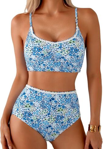 Herseas Women's Ruched Bikini Sets Two Piece Allover Printed Swimsuits High Waisted Bathing Suits in Kuwait