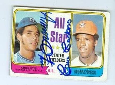 بطاقة بيسبول موقعة من عاموس أوتيس وسيزار سيدينو (أستروس رويالز) 1974 Topps # 337 Alll Stars حالة سيئة - بطاقات بيسبول موقعة in Kuwait